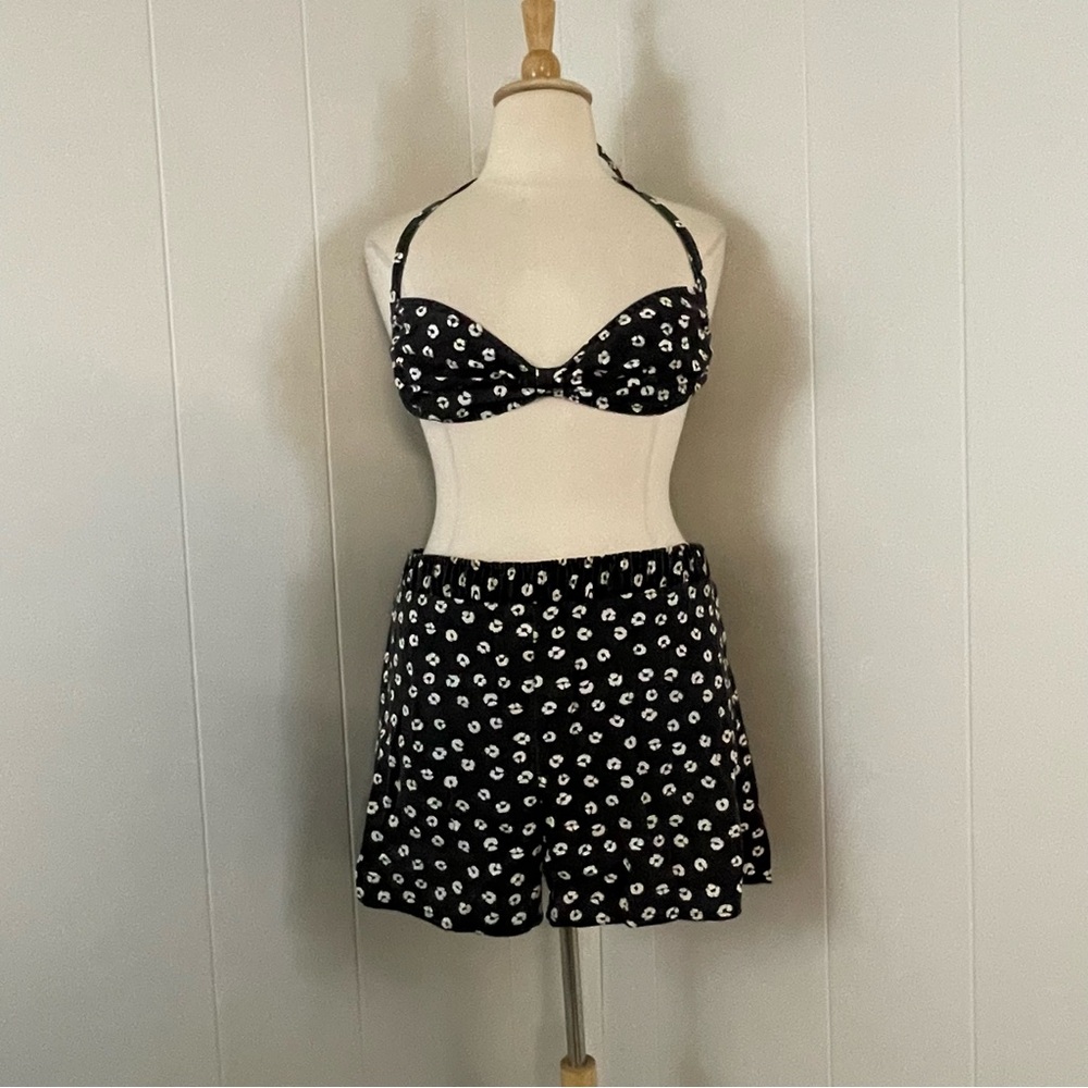 Vintage Floral Bikini Top Shorts Set Women’s XL Black White High Rise Union - Picture 15 of 15